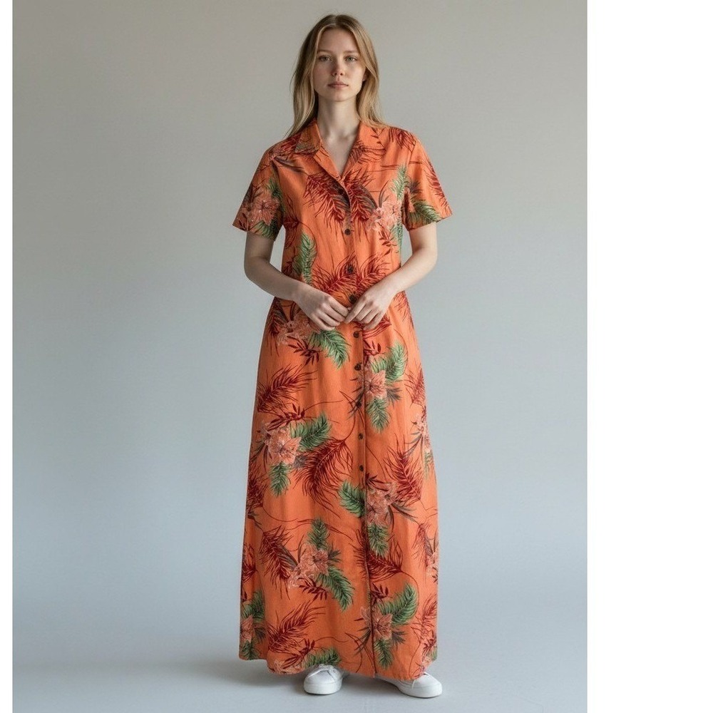 Bungalow Brand Woman Maxi Dress Size 6 Peach‎ Tropical Floral Button Front NWT